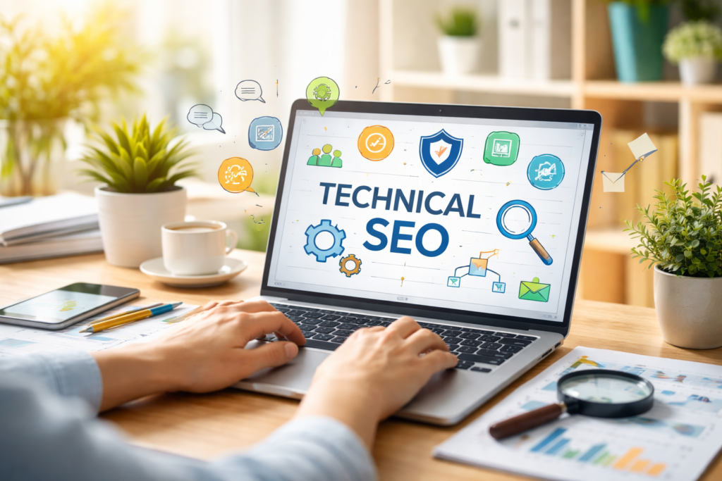 Hands working on laptop SEO analysis