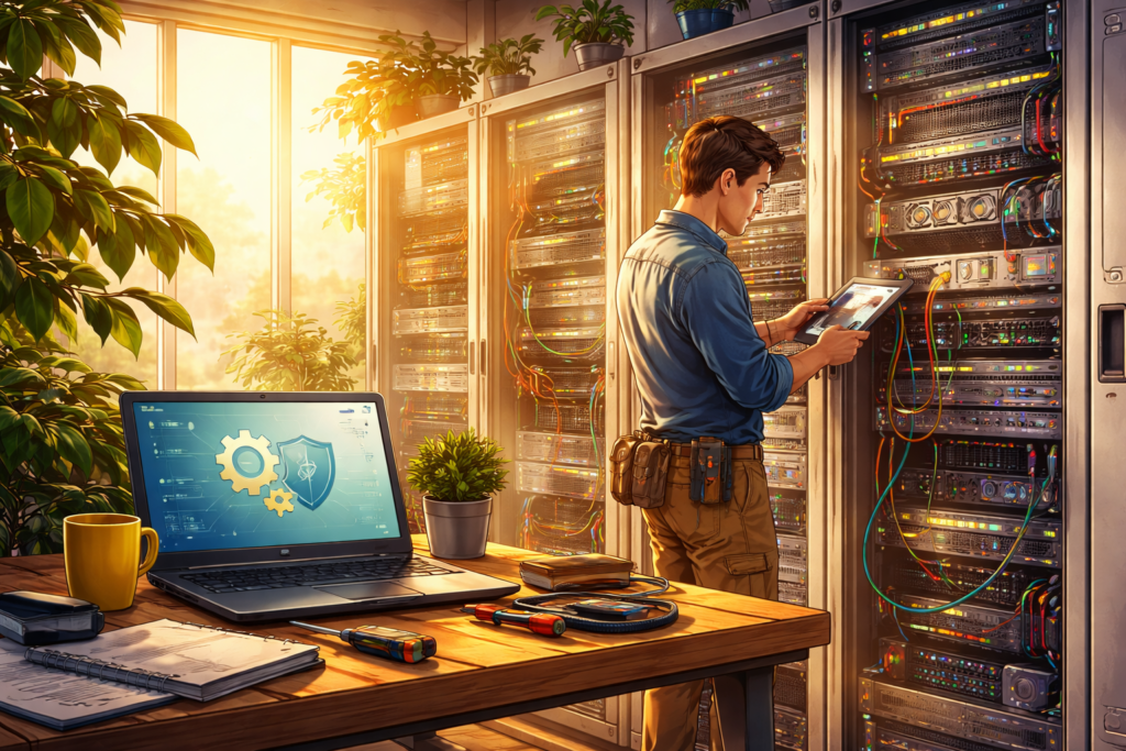 IT technician maintaining server infrastructure