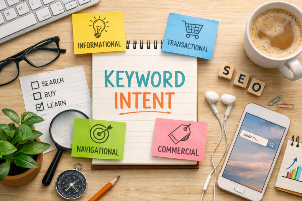 SEO keyword intent concept workspace flat lay