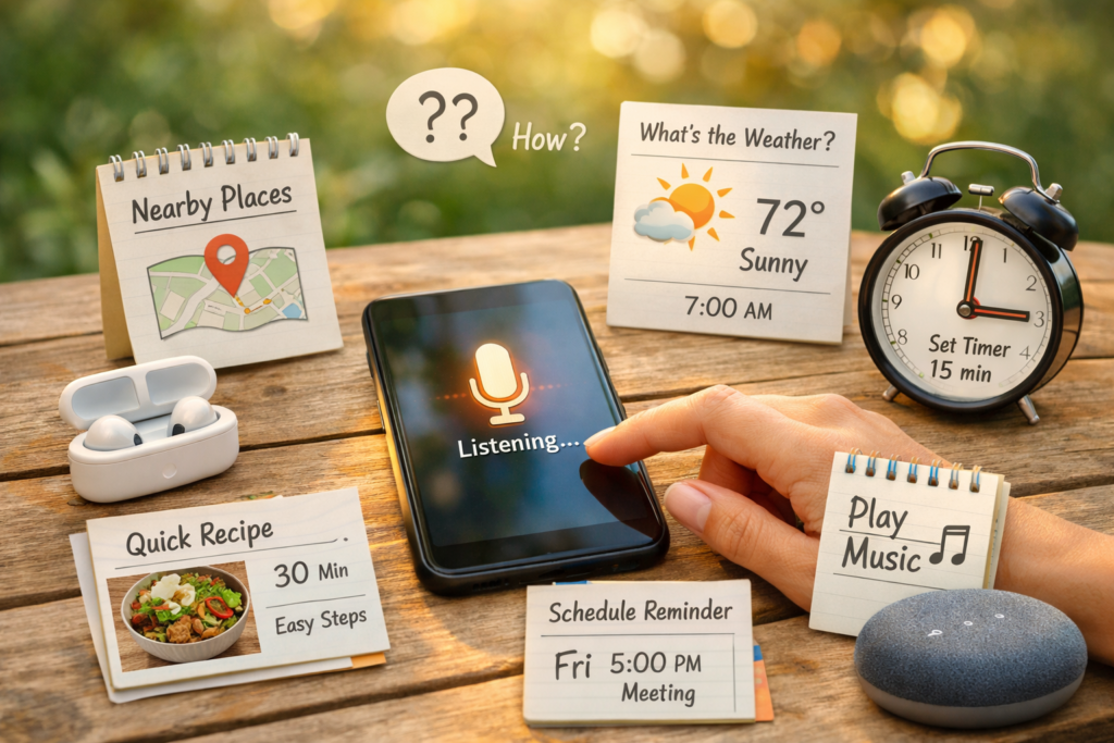 Voice assistant managing daily tasks outdoors
