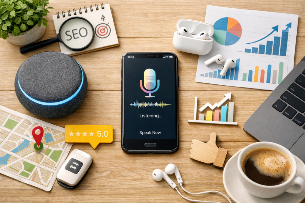 Person using smartphone voice search at desk