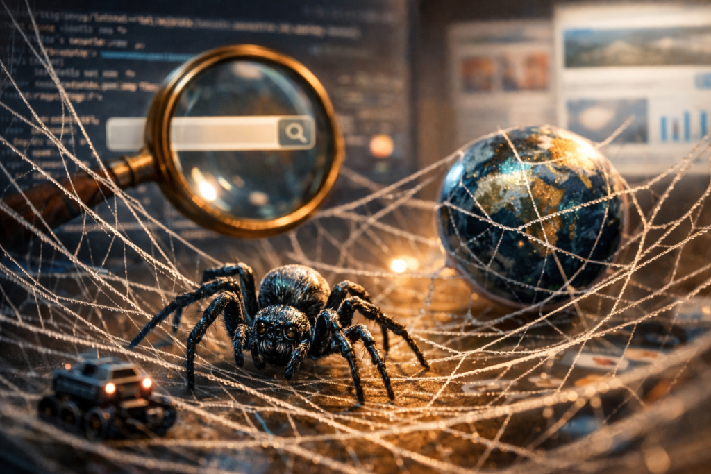 Web crawling concept with spider and globe