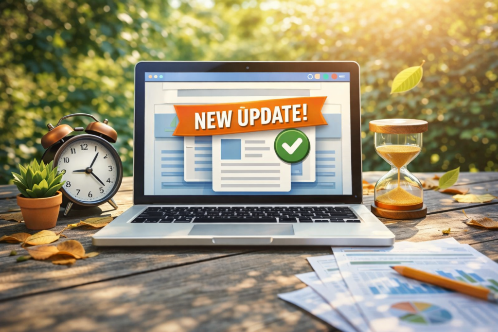 Laptop on table showing website update.