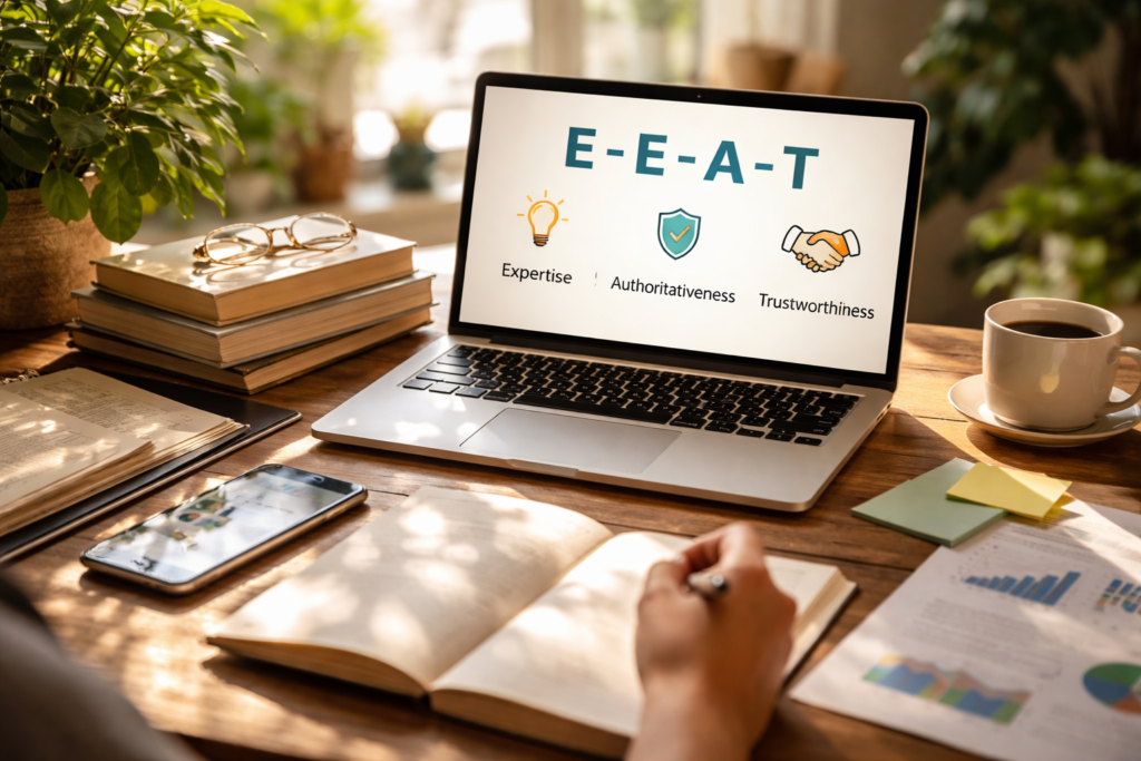Sunlit desk with laptop and notes