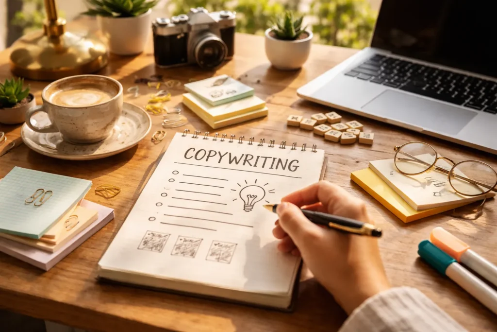 Copywriter brainstorming ideas at sunlit workspace desk