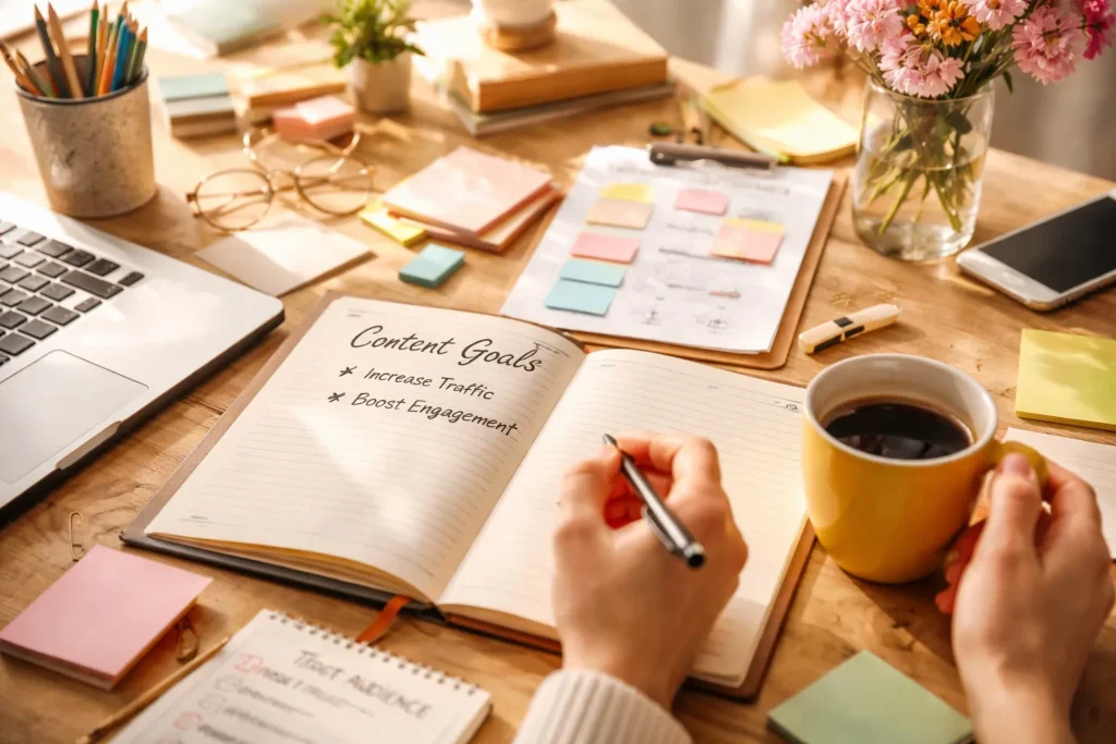 Copywriter brainstorming ideas at bright desk
