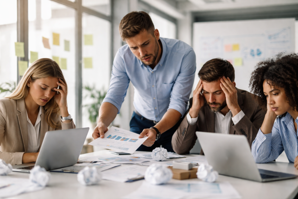 Stressed business team reviewing messy reports together
