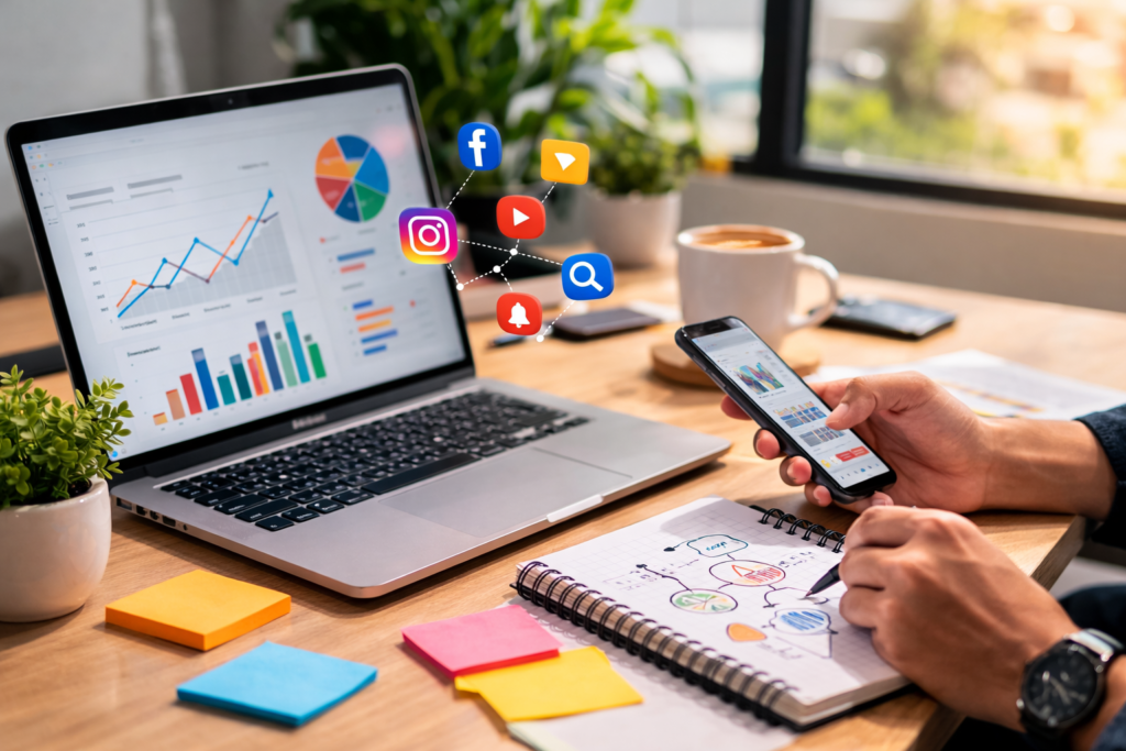 Digital marketing analytics workspace with smartphone and laptop