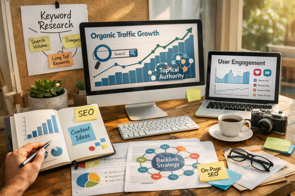 SEO workspace showing organic traffic growth charts