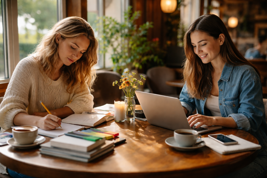 Students using different writing methods at café