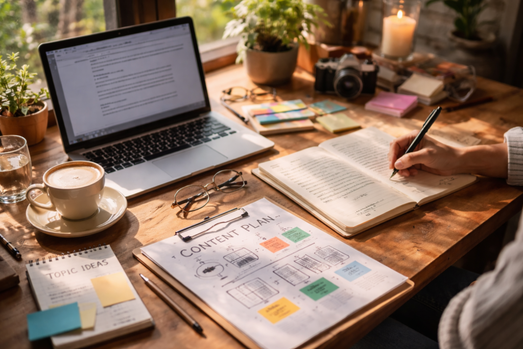 Content writer workspace with laptop and notebook