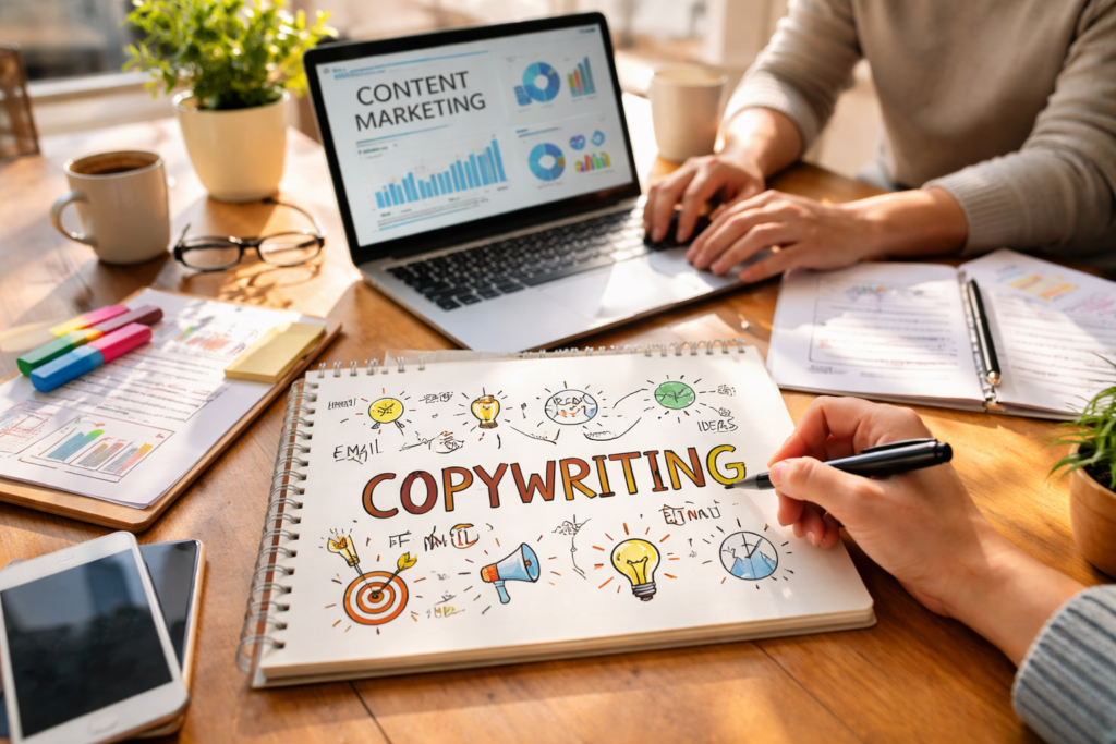 Modern workspace with copywriting and marketing tools