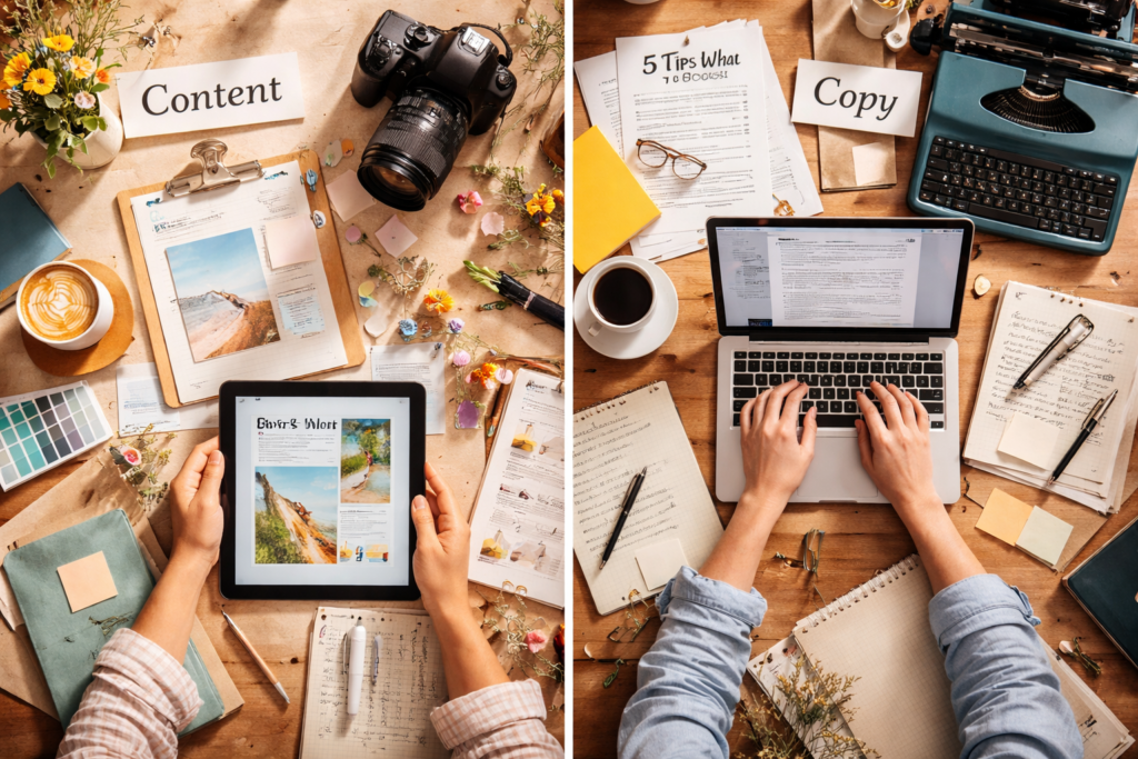 Creative workspace with laptop and notebook